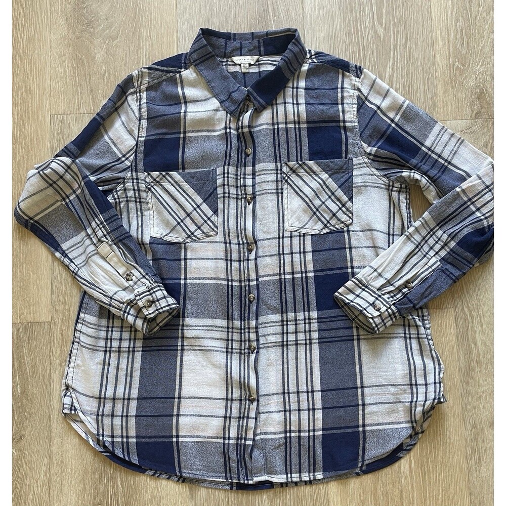 Lucky Brand Women’s L Plaid Button-Up Shirt Blue White Gray Long Sleeve Pockets
